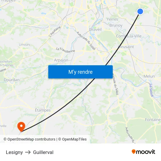 Lesigny to Guillerval map
