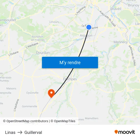 Linas to Guillerval map
