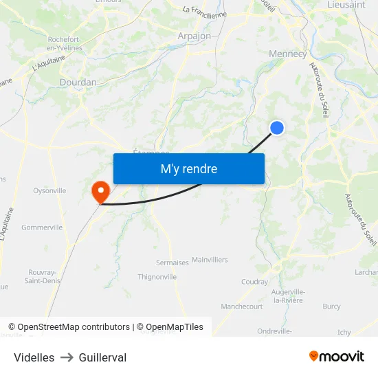 Videlles to Guillerval map