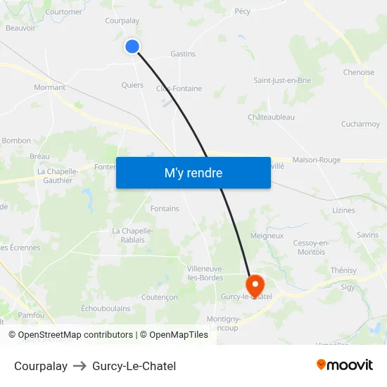 Courpalay to Gurcy-Le-Chatel map