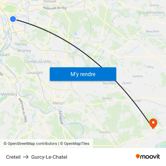 Creteil to Gurcy-Le-Chatel map