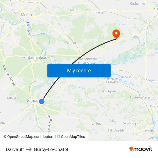Darvault to Gurcy-Le-Chatel map