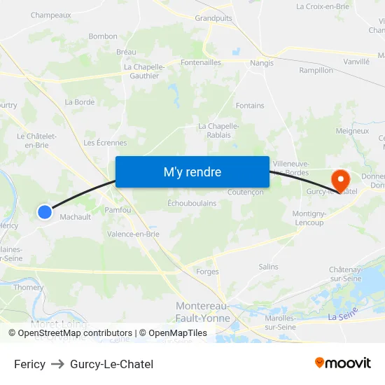 Fericy to Gurcy-Le-Chatel map