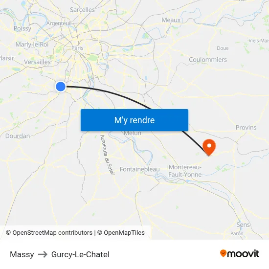 Massy to Gurcy-Le-Chatel map