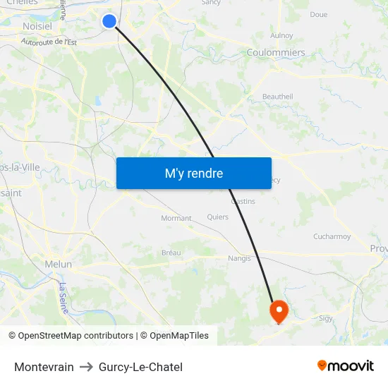 Montevrain to Gurcy-Le-Chatel map