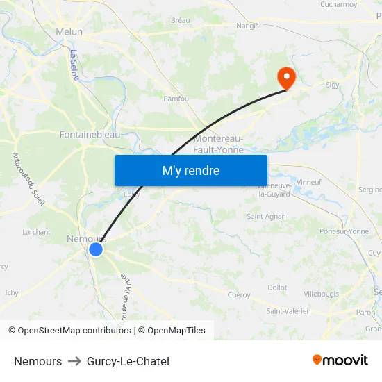 Nemours to Gurcy-Le-Chatel map