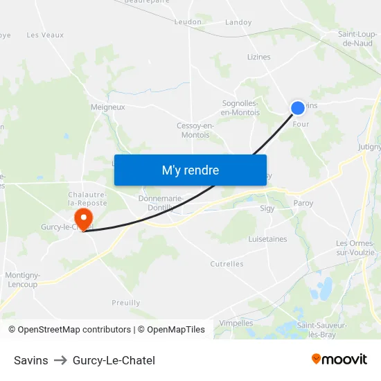 Savins to Gurcy-Le-Chatel map