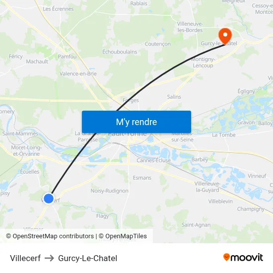Villecerf to Gurcy-Le-Chatel map