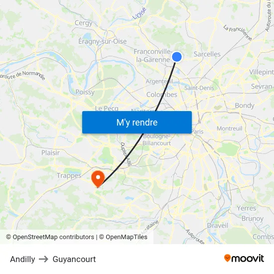Andilly to Guyancourt map