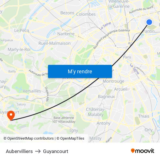 Aubervilliers to Guyancourt map