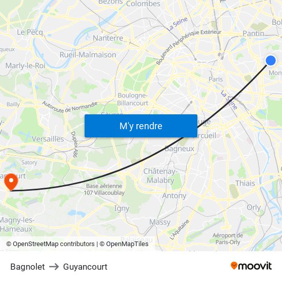 Bagnolet to Guyancourt map