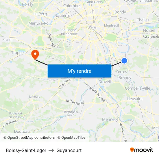 Boissy-Saint-Leger to Guyancourt map
