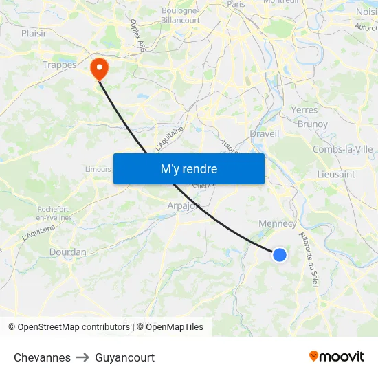 Chevannes to Guyancourt map