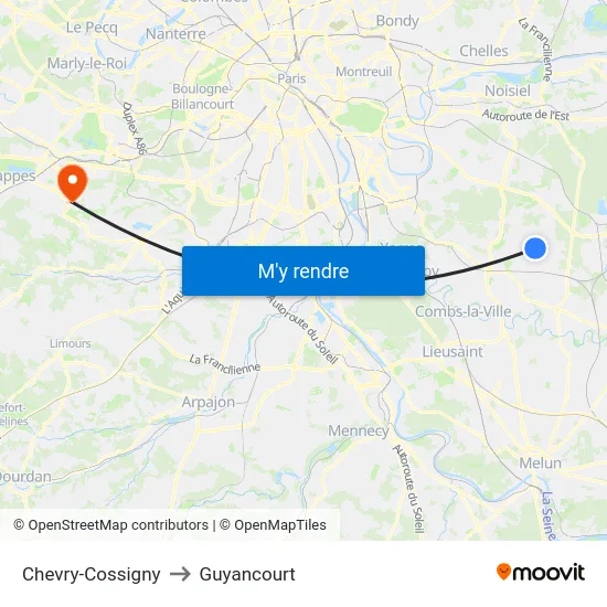 Chevry-Cossigny to Guyancourt map
