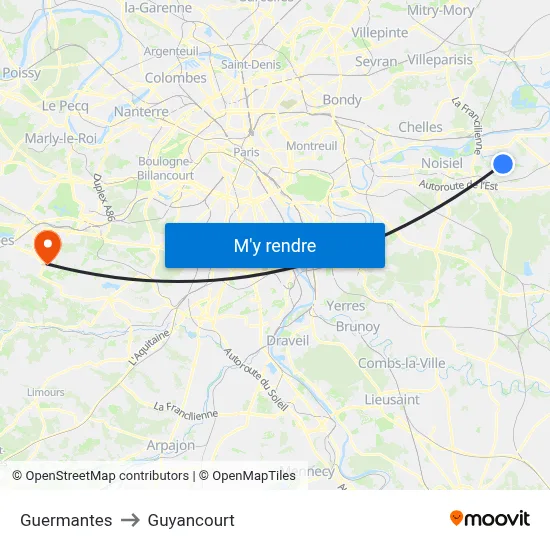 Guermantes to Guyancourt map