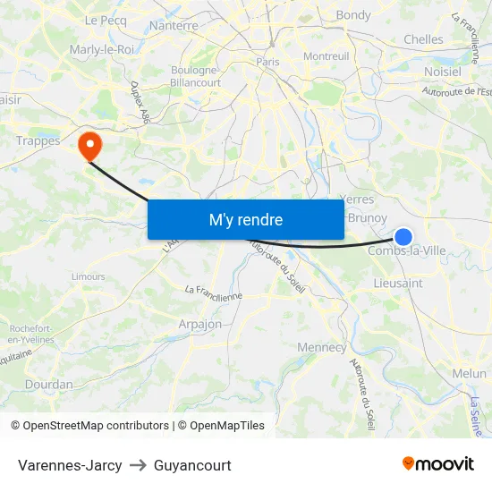 Varennes-Jarcy to Guyancourt map