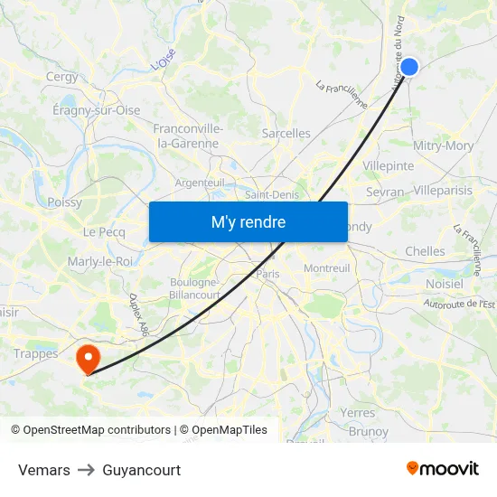Vemars to Guyancourt map
