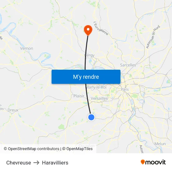 Chevreuse to Haravilliers map