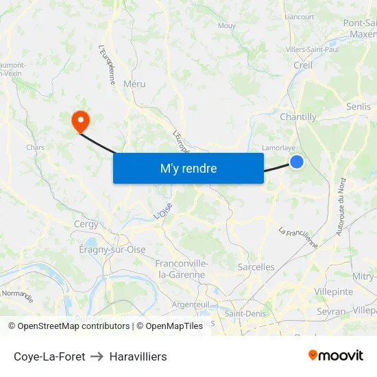 Coye-La-Foret to Haravilliers map