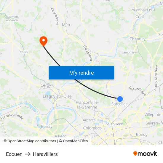 Ecouen to Haravilliers map