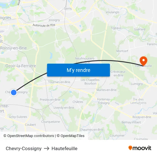 Chevry-Cossigny to Hautefeuille map