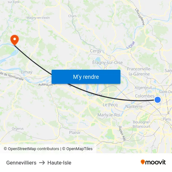 Gennevilliers to Haute-Isle map