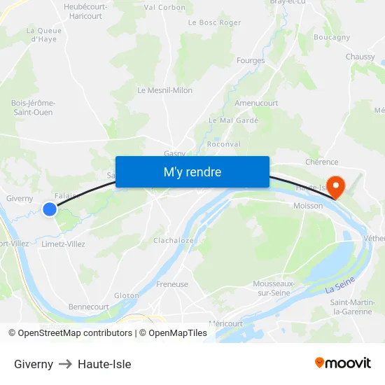 Giverny to Haute-Isle map
