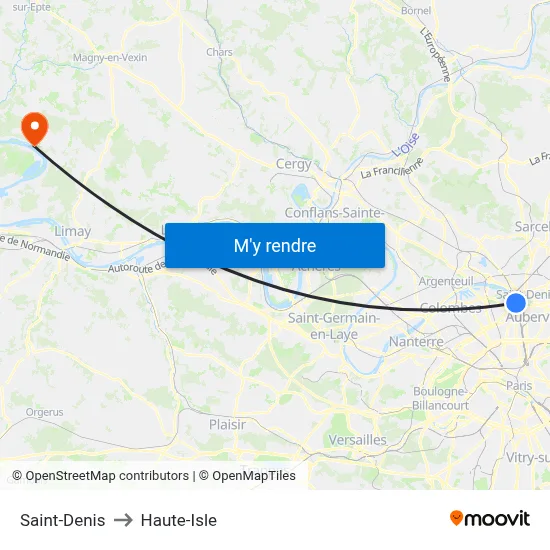 Saint-Denis to Haute-Isle map