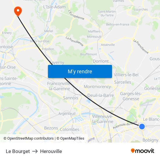 Le Bourget to Herouville map