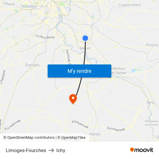 Limoges-Fourches to Ichy map