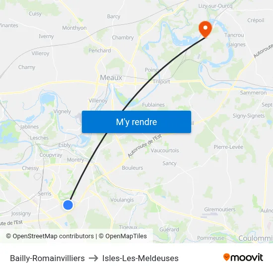 Bailly-Romainvilliers to Isles-Les-Meldeuses map