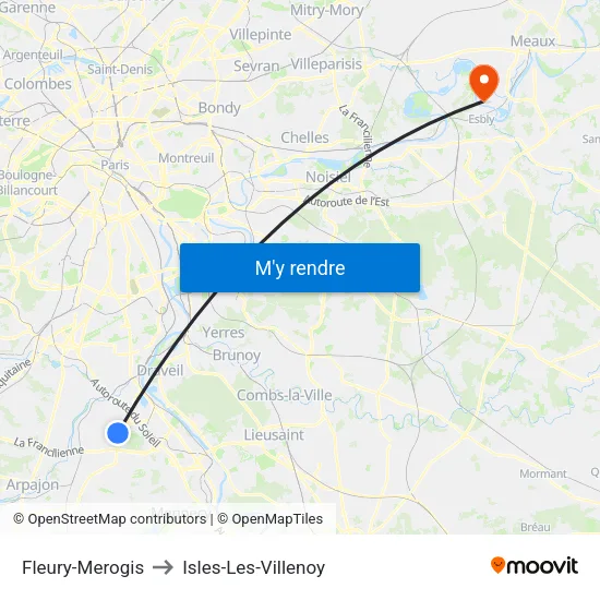 Fleury-Merogis to Isles-Les-Villenoy map