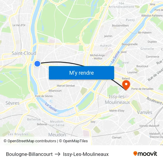 Boulogne-Billancourt to Issy-Les-Moulineaux map