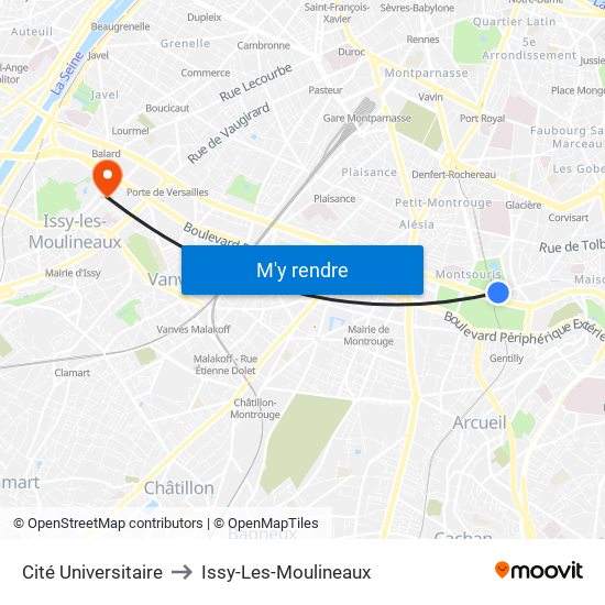 Cité Universitaire to Issy-Les-Moulineaux map