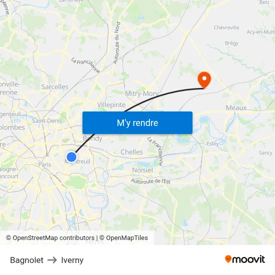 Bagnolet to Iverny map