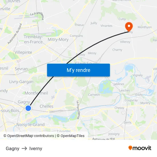 Gagny to Iverny map