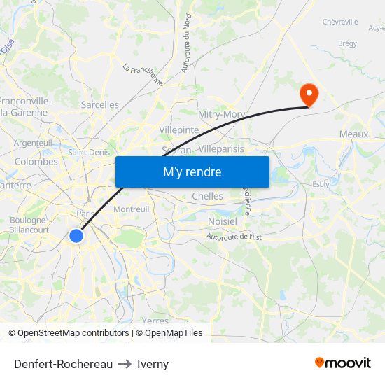 Denfert-Rochereau to Iverny map