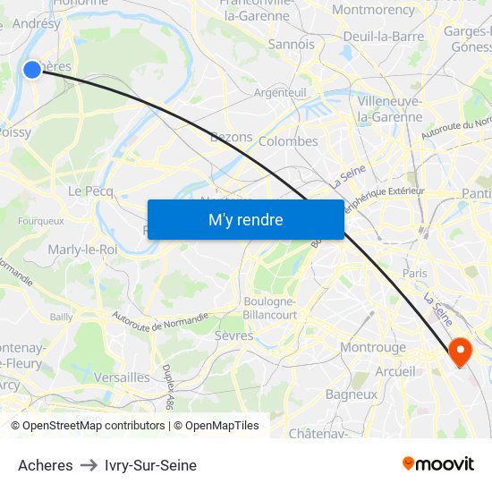Acheres to Ivry-Sur-Seine map