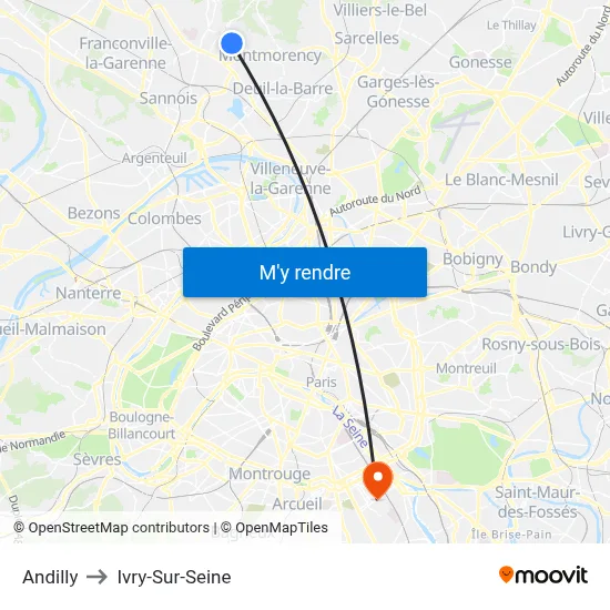 Andilly to Ivry-Sur-Seine map
