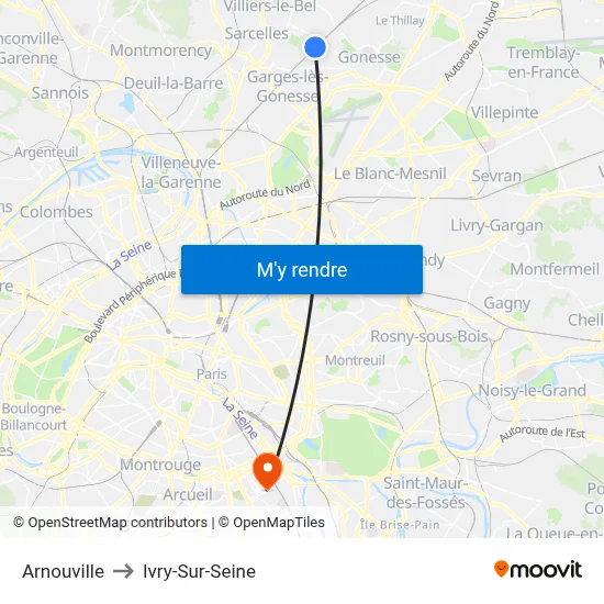Arnouville to Ivry-Sur-Seine map