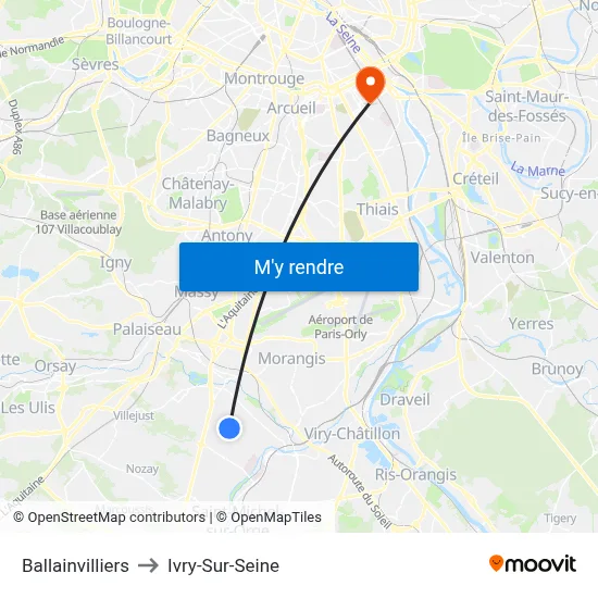 Ballainvilliers to Ivry-Sur-Seine map