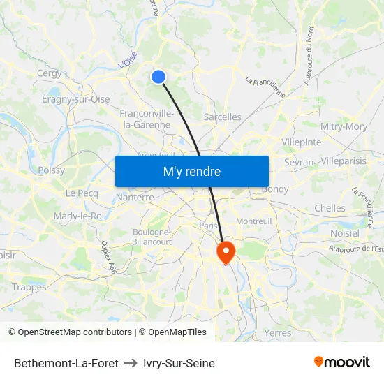 Bethemont-La-Foret to Ivry-Sur-Seine map