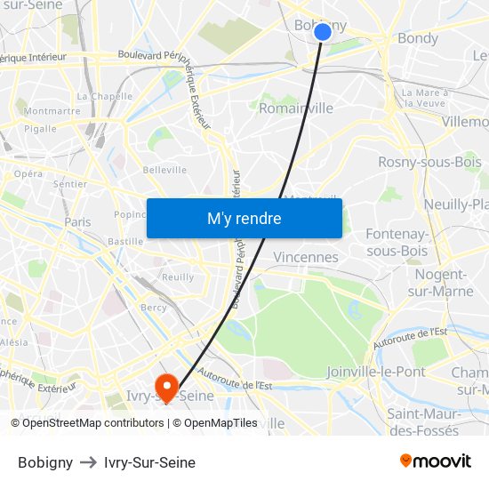 Bobigny to Ivry-Sur-Seine map