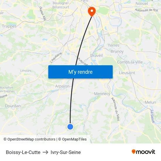 Boissy-Le-Cutte to Ivry-Sur-Seine map