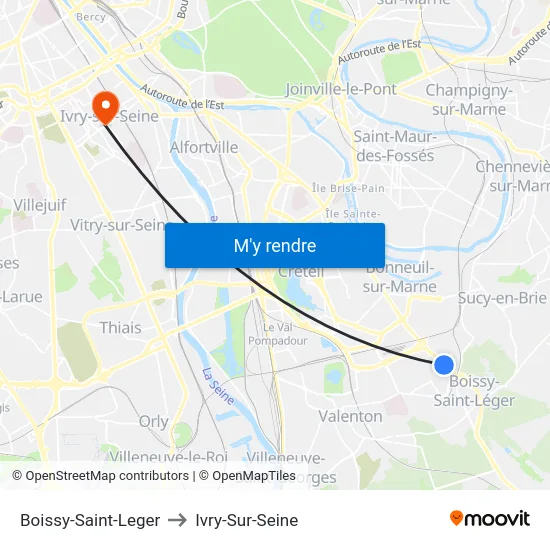 Boissy-Saint-Leger to Ivry-Sur-Seine map