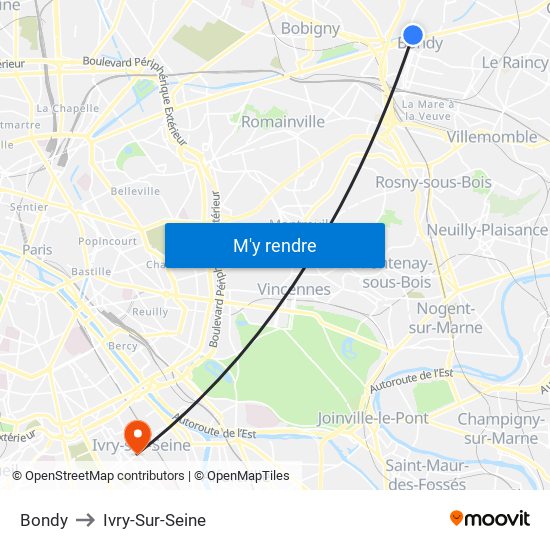 Bondy to Ivry-Sur-Seine map