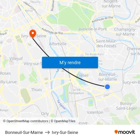 Bonneuil-Sur-Marne to Ivry-Sur-Seine map