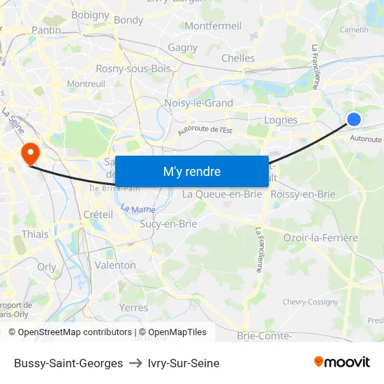 Bussy-Saint-Georges to Ivry-Sur-Seine map