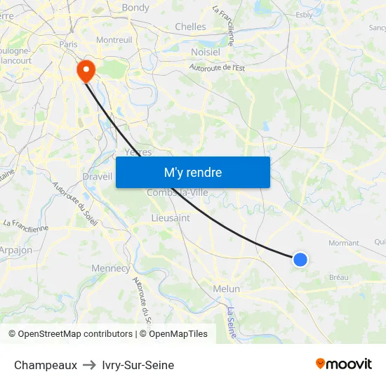 Champeaux to Ivry-Sur-Seine map