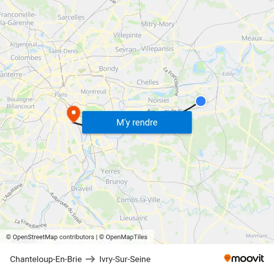 Chanteloup-En-Brie to Ivry-Sur-Seine map